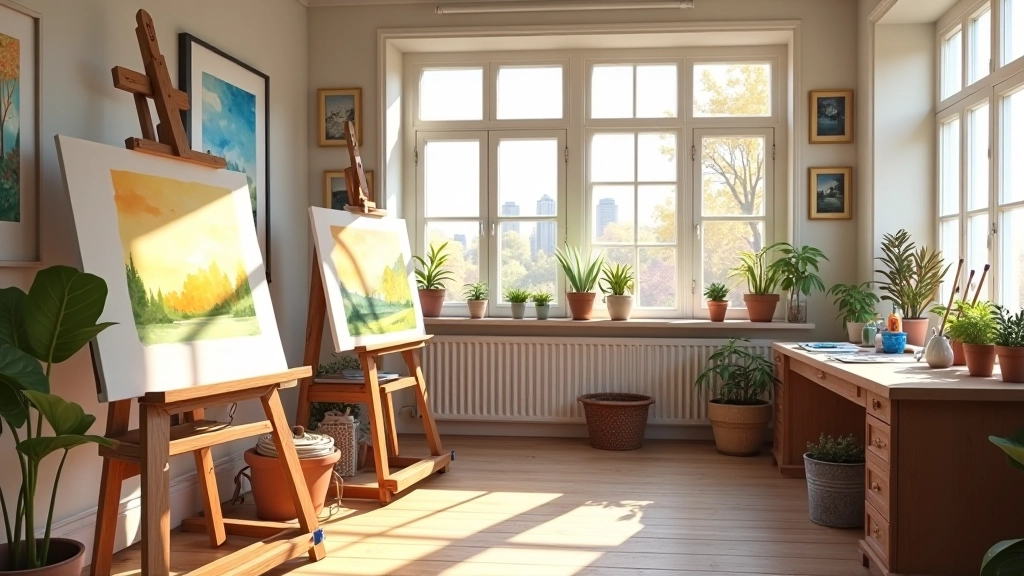 Tvůrčí ateliér s akvarelovými malbami a výbavou pro malování