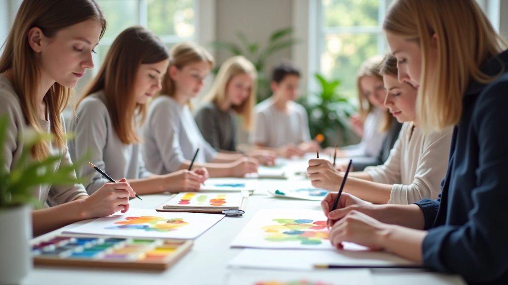 Studenti během lekce akvarelu v ateliéru